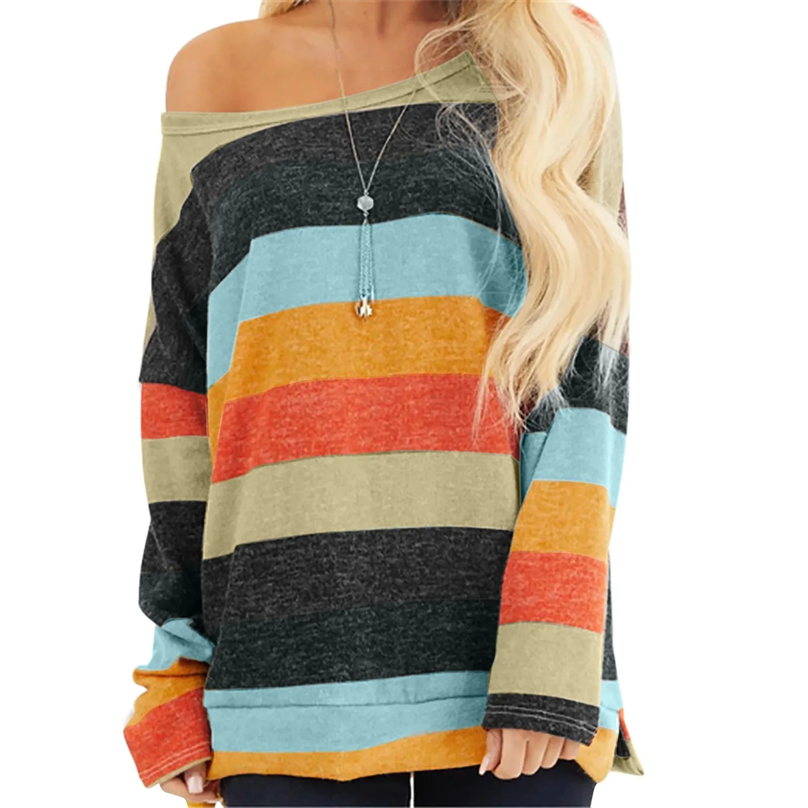 Slant Shoulder Striped Women's T shirt Autumn Long sleeved Round Neck
