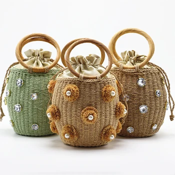 

2020 New Handmade Rhinestone Crystal Embellished Straw Bag Small Straw Bucket Bags Lady Travel Purses and Handbags