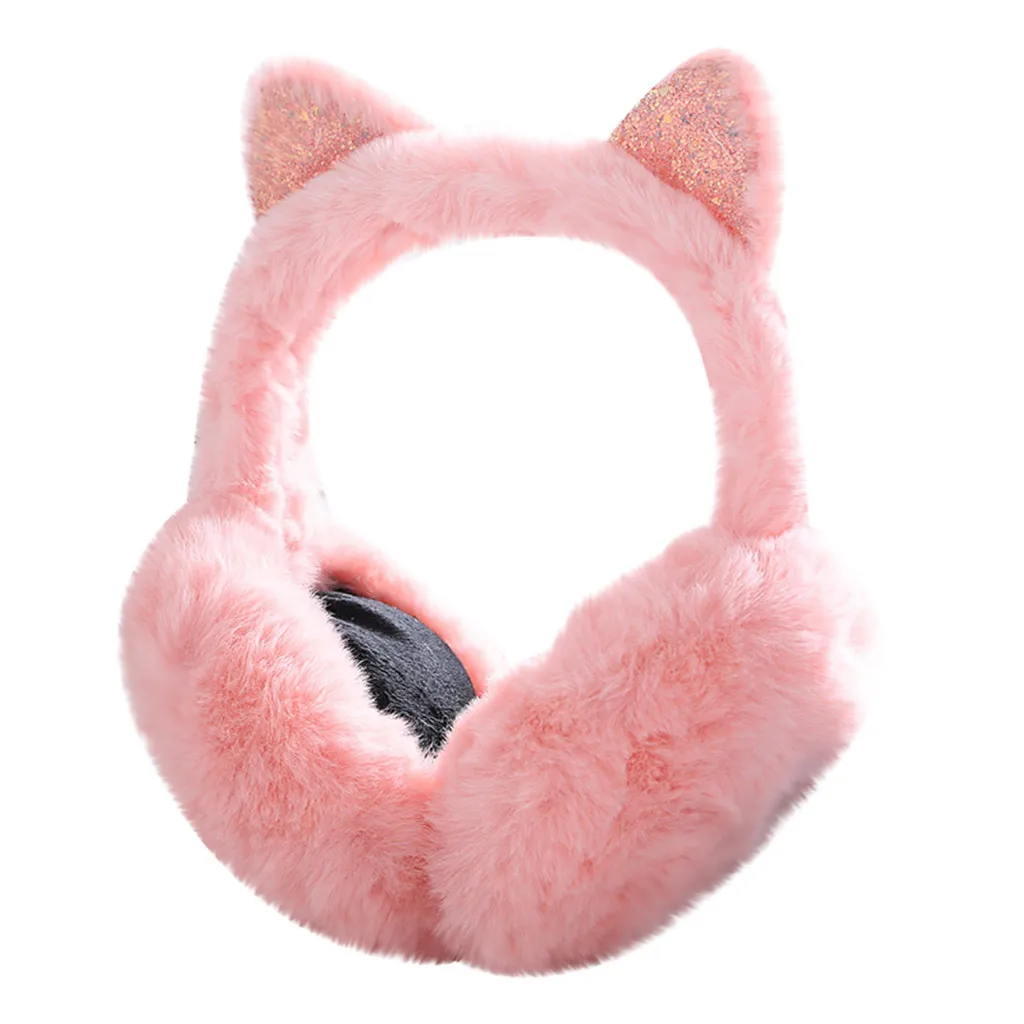 Зимние Мультяшные наушники с блестками и кошачьими ушками; Женская Корейская версия милых холодостойких плюшевых теплых складных ушей#50 - Цвет: Pink