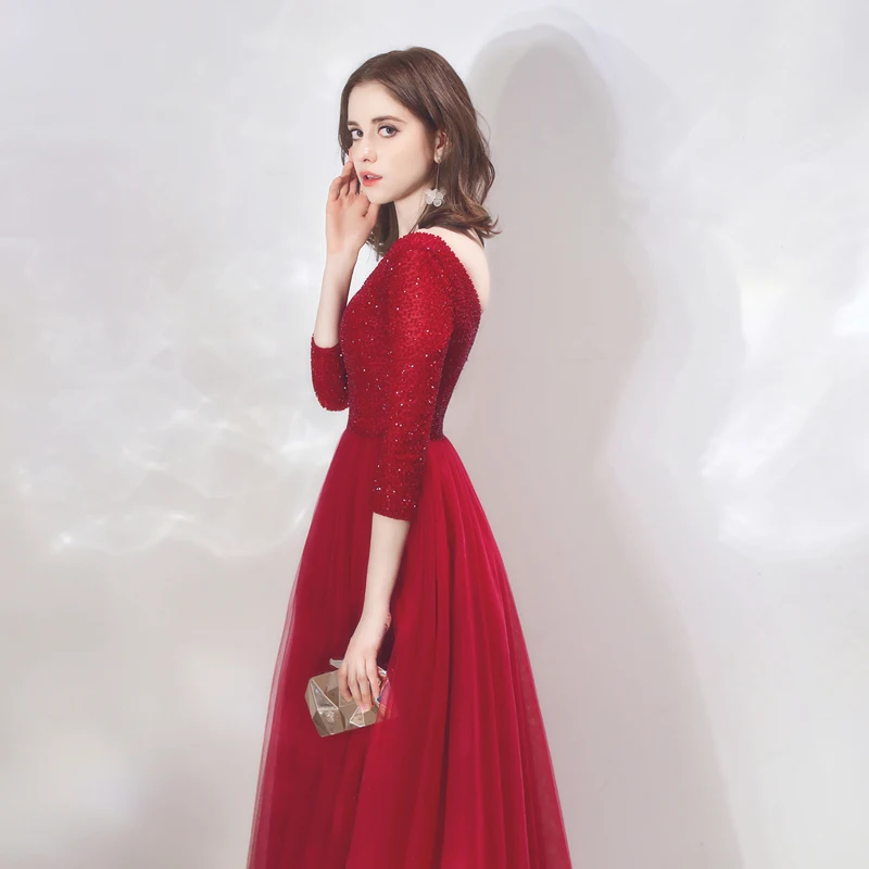 Осень Выпускные платья vestido de noiva sereia Платье de soiree вечерние сексуальные плиссированные крупные бусины бордовый 3/4 рукава