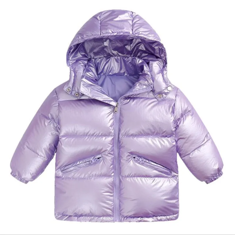 Зимняя длинная куртка для маленьких девочек и пальто с капюшоном для мальчиков коллекция года, новые детские плотные пуховики серебристого цвета для детей, верхняя одежда