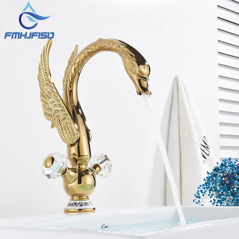 Brass Swan Basin Sink Faucet Hot Cold Mixer Crane Tap Dual Handle for Switch ORB Chrome Gold finished Deck Mounted | Обустройство