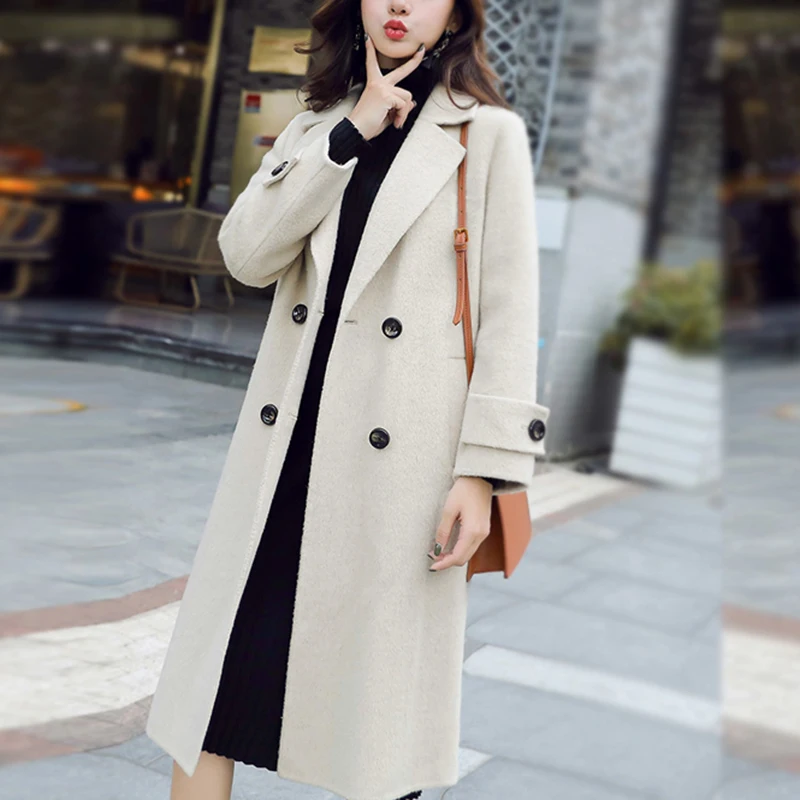 

Winter Women Vintage Solid Jackets Elegant Bodycon Outwear Coats Autumn High Quality Office Plus Size Double-sided Wool&blends