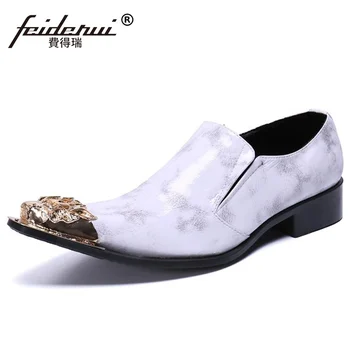 

Plus Size White Metal Pointed Toe Slip on Man Heels Wedding Shoes Patent Leather Rocker Loafers Handmade Men's Party Flats SL868