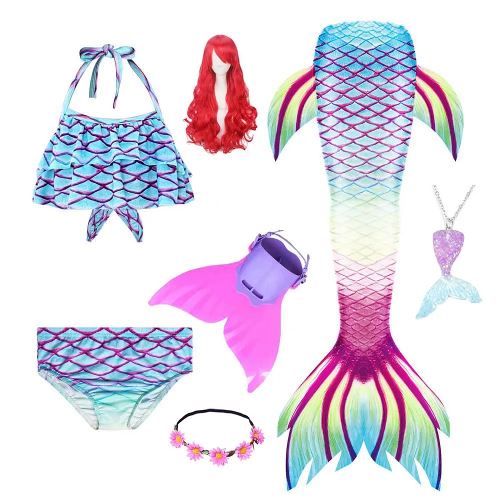 New Hot Girls Swimming Mermaid Tail Costume Kids Cosplay with Monofin/Fin Flower Halloween Christmas Wig | Тематическая одежда и