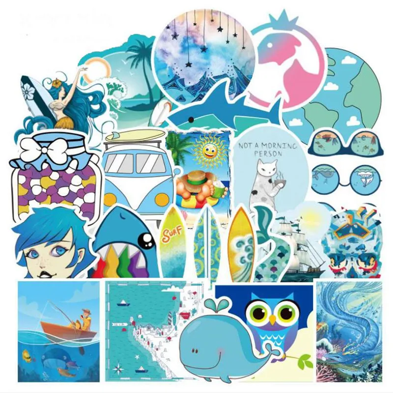 

10/30/50PCS Blue Wind Small Fresh Trolley Case Cute Waterproof Guitar Skateboard Graffiti Car Sticker