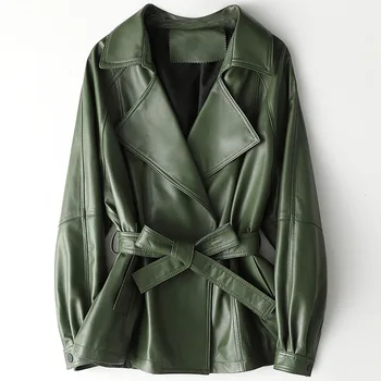 

Autumn Winter Real Leather Jacket Women Casual Regular Belt Office Lady Chaquetas Mujer 2019 Turn-down Collar Sheepskin Green