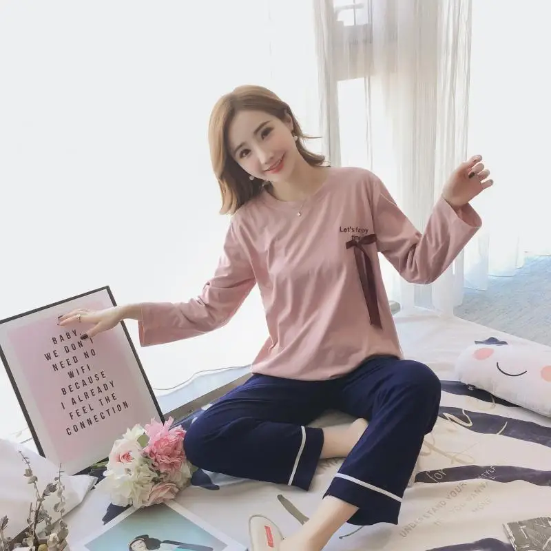 

Spring And Autumn New Products Simple Solid Color Long Sleeve Pajamas Suit Comfortable Pure Cotton English Bow Women's Home Wear