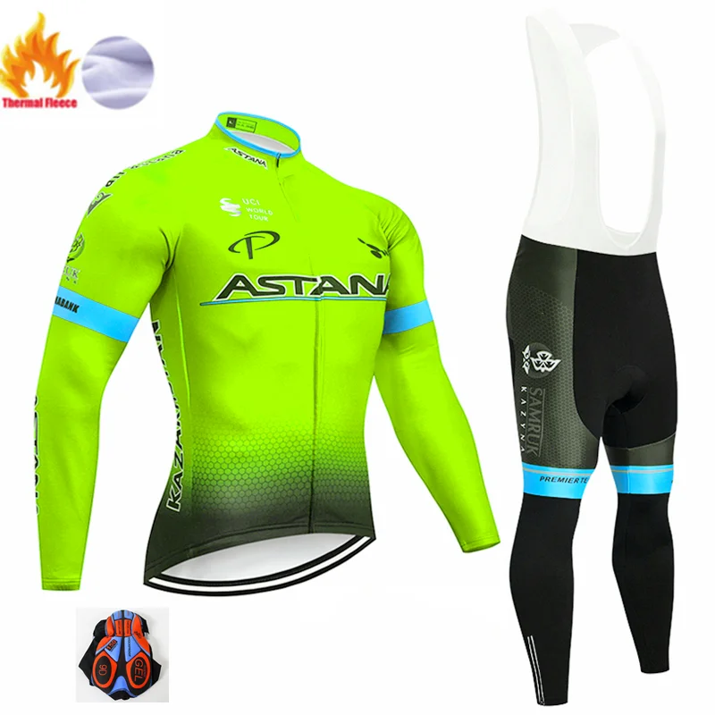 Winter suit Флуоресцентный зеленый Астана Ropa Ciclismo Invierno Зимний Велоспорт Джерси термальный флис с длинным рукавом Велоспорт одежда Набор велосипед одежда - Цвет: Winter suit