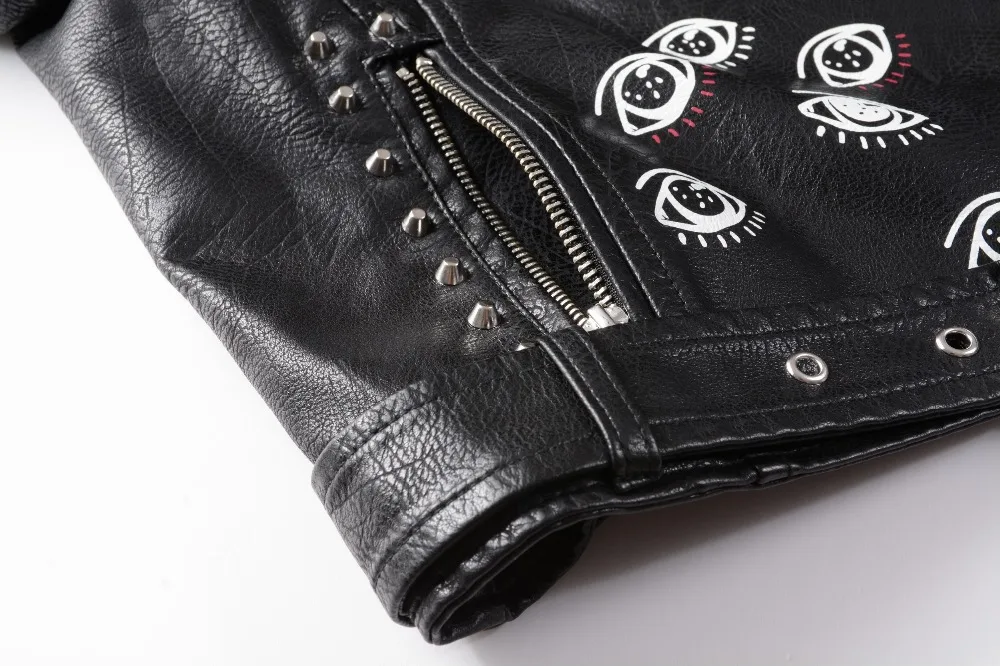 2020 New Women Autumn Winter Faux Soft Leather Jackets Coats Lady Black PU Rivet Zipper Epaulet 3D print Motorcycle Streetwear
