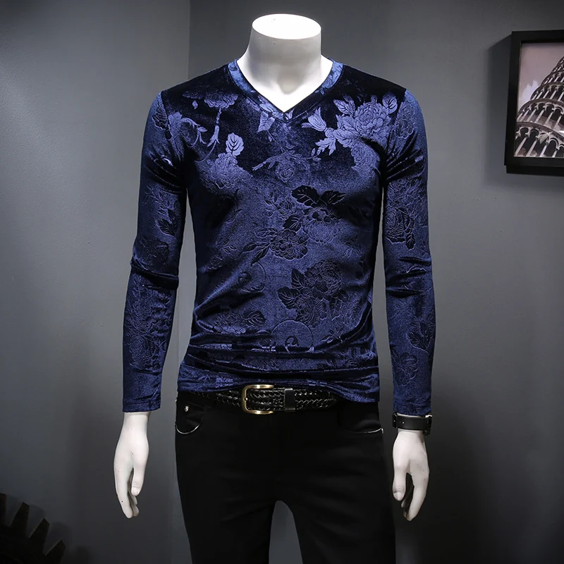 

Flower Print Tops Men Slim Fit Nightclub Hip Hop Leisure T Shirts Streetwear Male2019 Summer New Men V-neck T Shirt Long Sleeve
