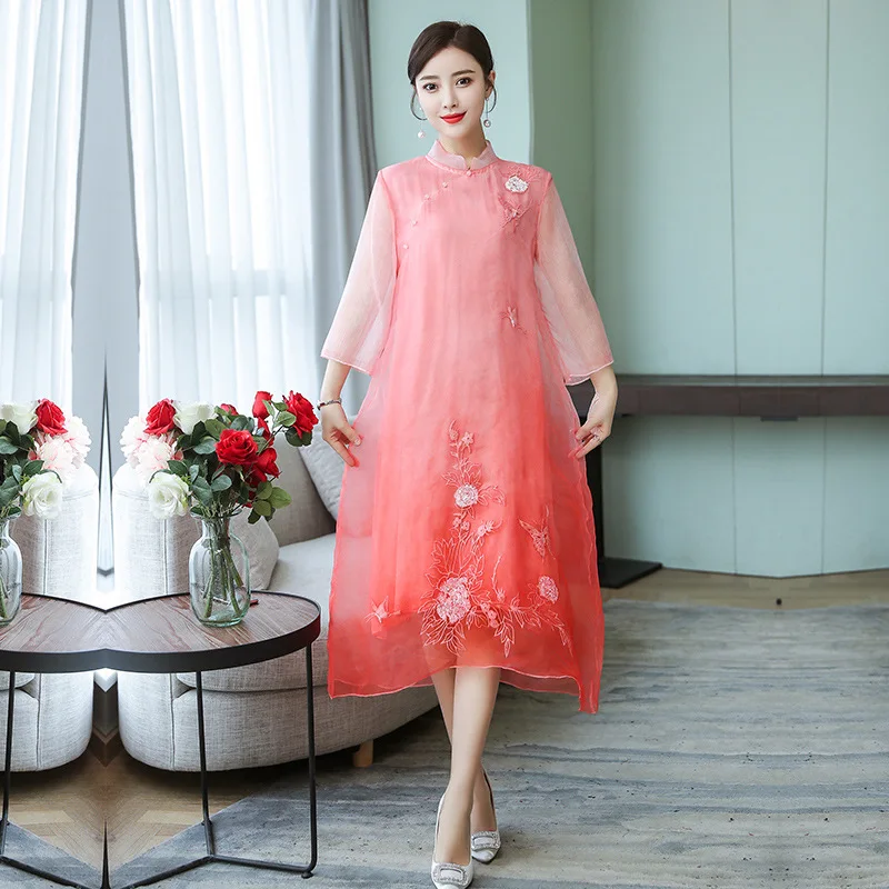 

Large Size Dress 200 2019 Spring And Summer New Style Butterfly Embroidery Gradient Literature And Art Stand Collar Big Hemline