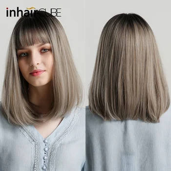 

Inhaircube Synthetic Wigs With Bangs Long Straight Ombre Grey For Women Fake Hair Natural Hairline 14 Inches Free Shipping