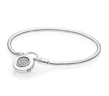 

New Original 925 Sterling Silver Bracelet Logo Signature Padlock Moments Smooth Snake Bangle Fit Bead Charm Diy Fashion Jewelry
