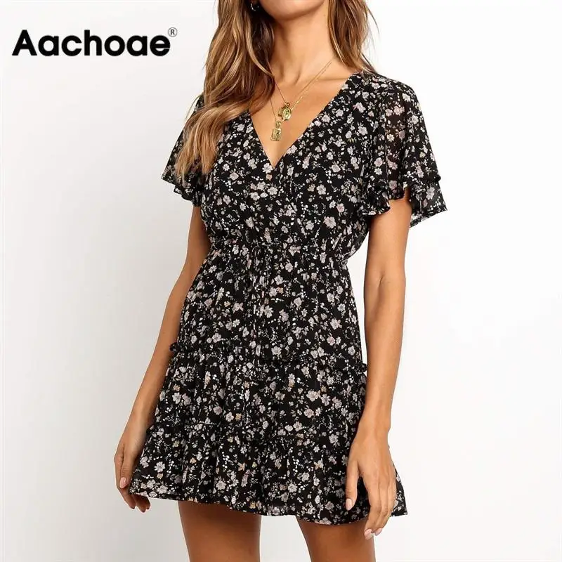 Aachoae 2020 Women Summer Dress Boho Style Floral Print Beach Dress Ruffles Elegant Party Dress Short Sleeve Sundress Vestiods