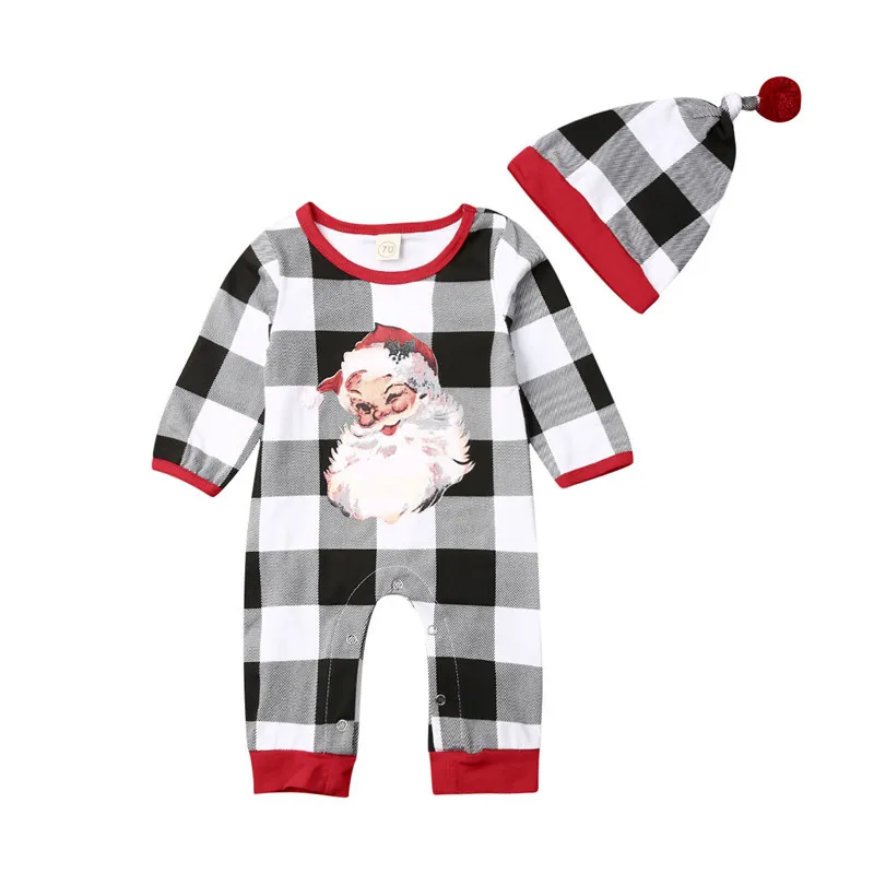 

Baby Boy Girl Santa Claus Plaid Romper + Hat 2PCs Clothes Infant Jumpsuit Outfit Children Tracksuit Kids Clothing Set 0-18M