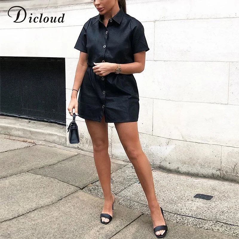 DICLOUD, черное платье-рубашка из искусственной кожи на пуговицах, женское летнее прямое свободное мини-платье с коротким рукавом, мода, уличная одежда