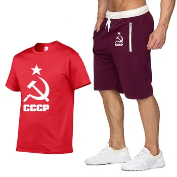 

Summer Fashion T Shirts Men CCCP Russian USSR Soviet Union Man Short sleeve Moscow Russia Mens Casual T Shirts+pants suit S-2XL