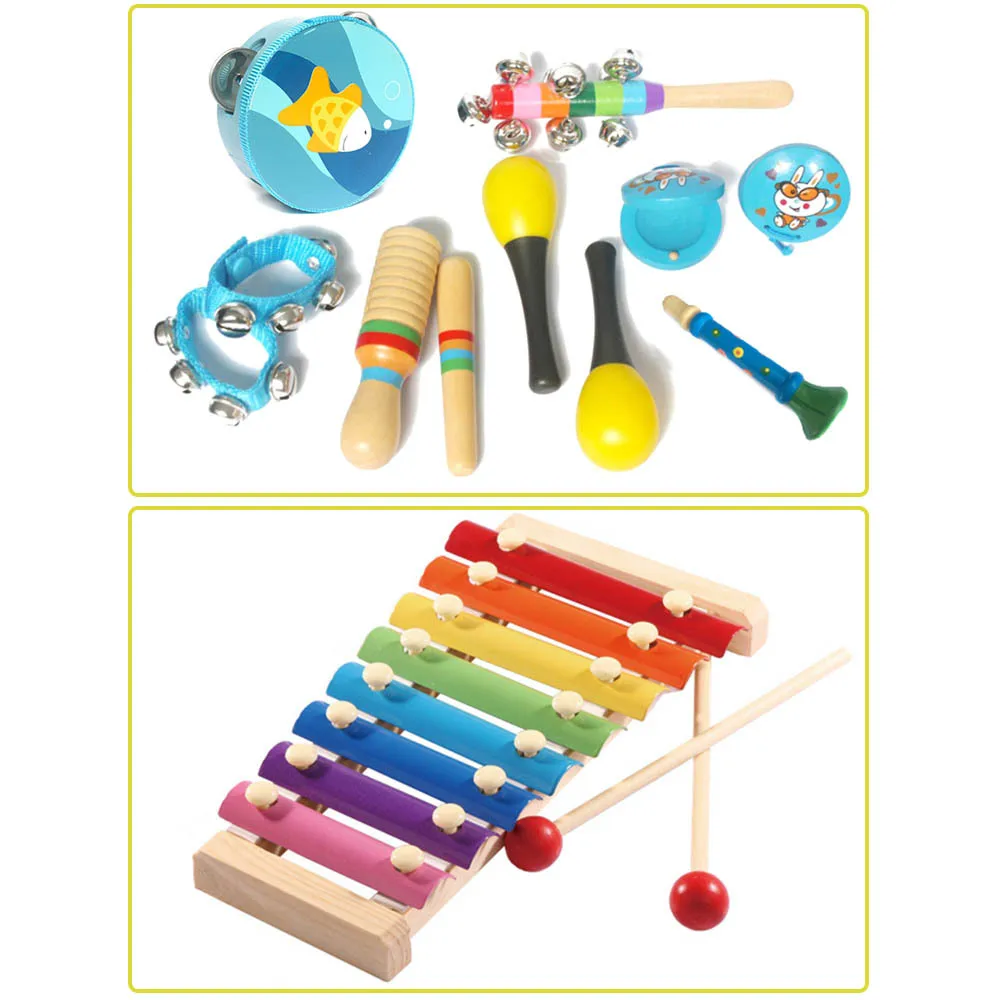 

10Pcs Kids Musical Instruments Percussion Instrument Toys Toddler Musical Toys Set Rhythm Band Set Birthday Gift for Kid J11