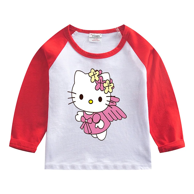 thumbnail image 1 of Hello Kitty Hit Color niños Casual algodón de manga larga chica estampado de dibujos animados patrón cuello redondo camisa de fondo camiseta de bebé, 1 of 5