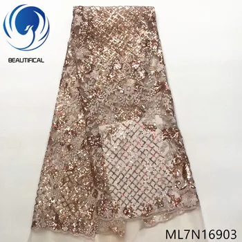 

Beautifical African lace fabrics Gold sequins net lace embroidery fabric for dress 5yards New arrival women lace fabric ML7N169