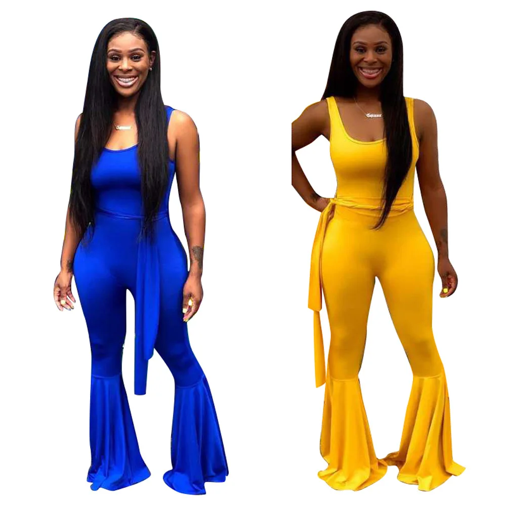 

Blue Yellow Backless Flare Jumpsuits with Sash Sexy Sleeveless U Neck Nightclub Party Bell Bottom Full Length Jumpsuits Pants