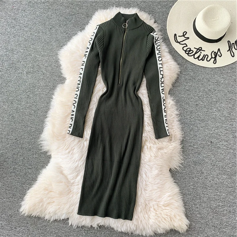 YuooMuoo женское стрейчевое облегающее платье Ins Горячая молния дизайн осеннее трикотажное платье midi зимнее модное черное платье Vestidos - Цвет: Green Long Sleeve