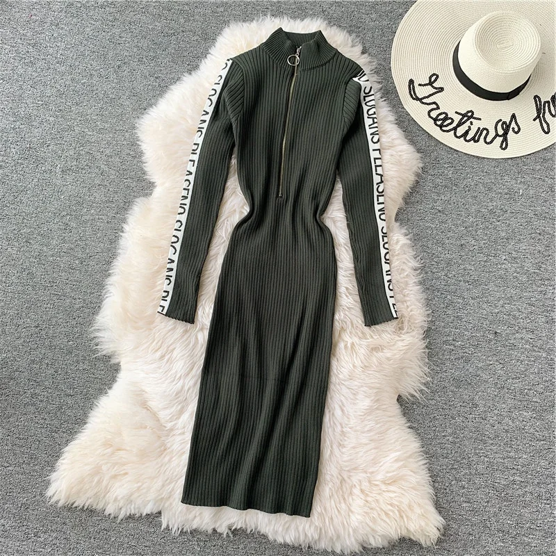Green Long Sleeve YuooMuoo женское стрейчевое облегающее платье Ins Горячая молния дизайн осеннее трикотажное платье midi зимнее модное черное платье Vestidos - Цвет: Green Long Sleeve