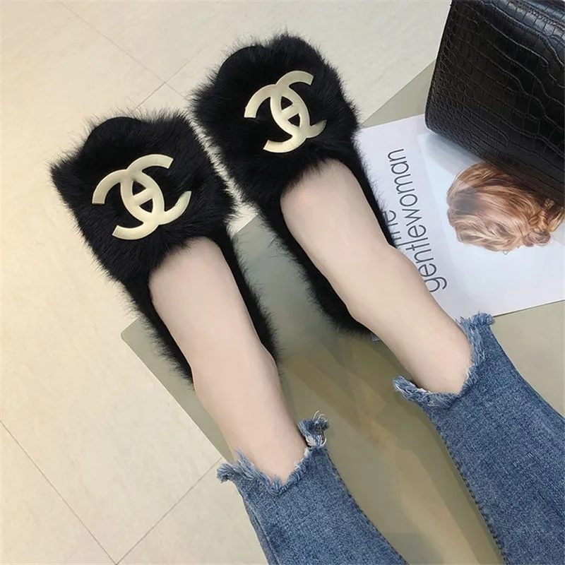 

New 2019 Winter Shoes Women Fur Flats Shoes Sexy Pointed toe Warm Fashion Women's Flats Office Ladies fur Footwear