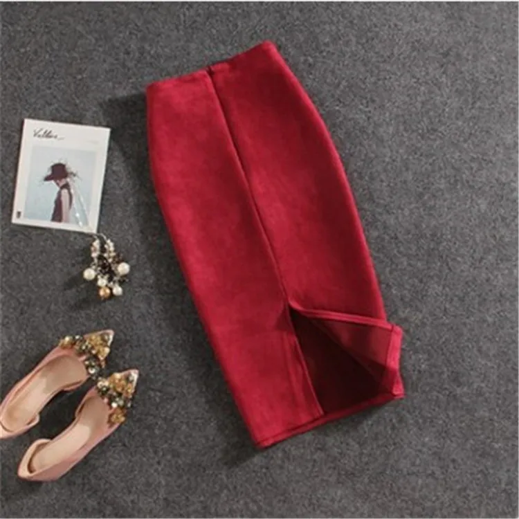 Женская юбка из замши, однотонная деловая юбка-карандаш, Женская весенне-осенняя юбка-карандаш с завышенной талией, облегающий разрез длиной до колена, юбки