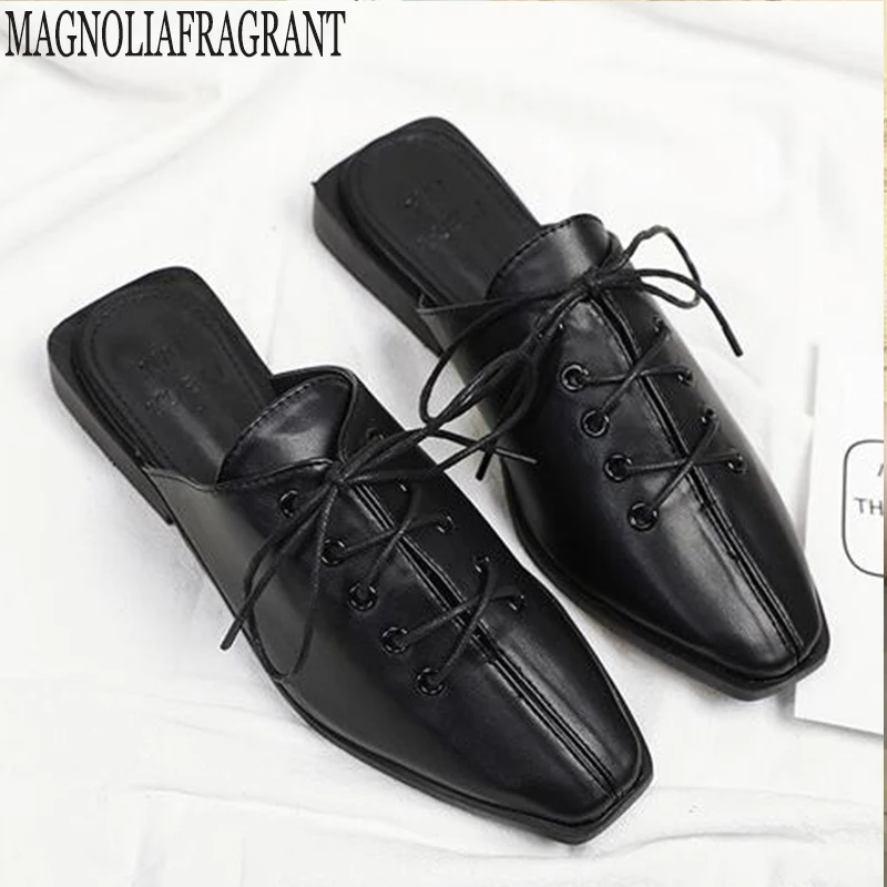 

women sandals with Muller shoes female thick with summer new Lace-up square head Baotou half slippers women y82