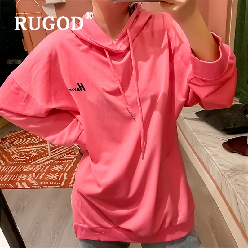 RUGOD корейский стиль Шикарный Флуоресцентный цвет средней длины негабаритных толстовки с длинным рукавом шнурок Зимние Топы для женщин Мода
