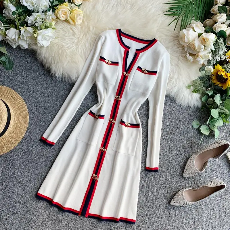 

Contrast Colour Striped Knitted Women Mini Dress 2019 Autumn Winter Runway Bees Button V-Neck Long Sleeve Pocket Vintage Dress
