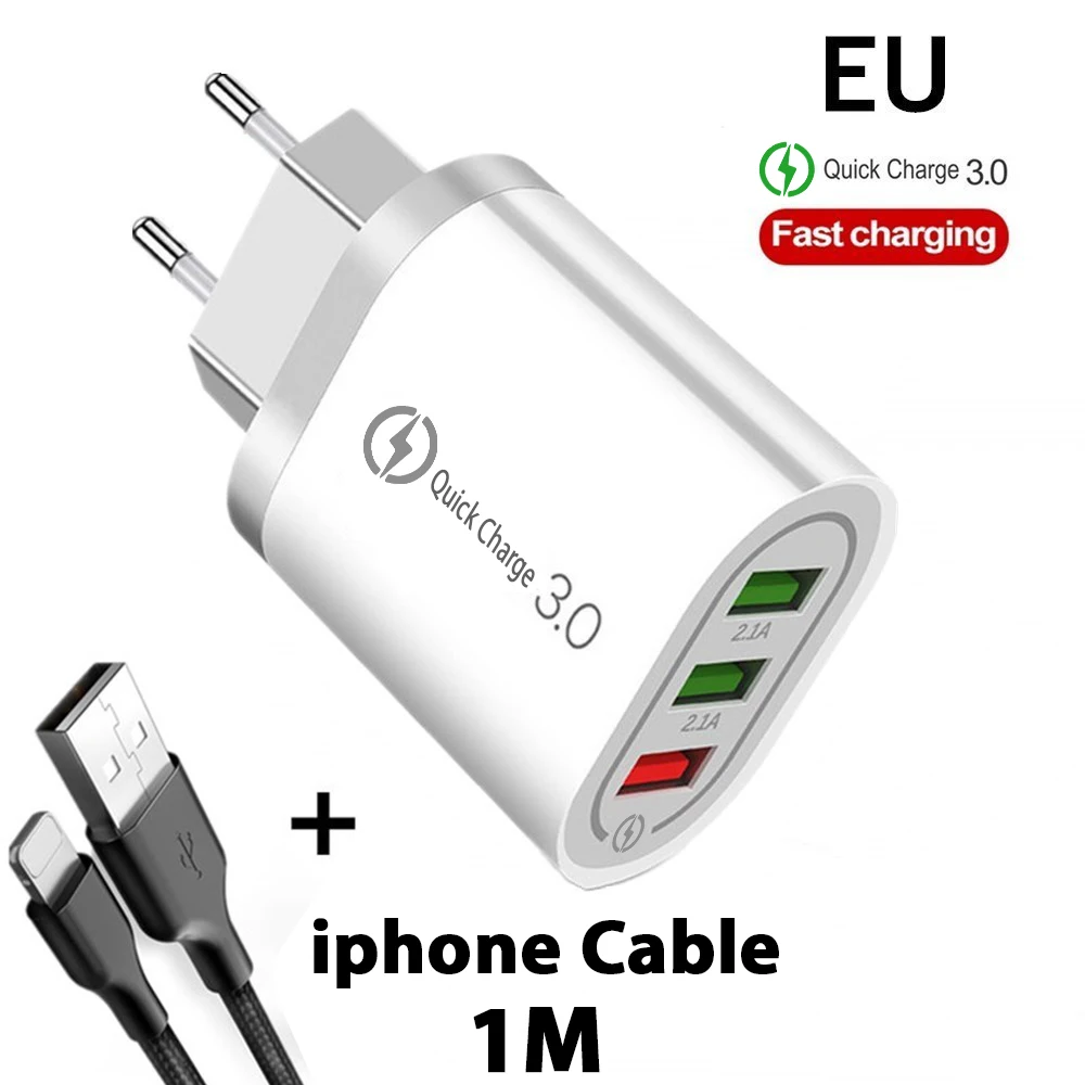 Быстрое зарядное устройство QC 3,0 3 порта USB зарядное устройство EU/US 5 В/3A Быстрая зарядка для iphone huawei samsung Redmi Xiaomi адаптер для мобильного телефона - Тип штекера: EU TypeC Cable White