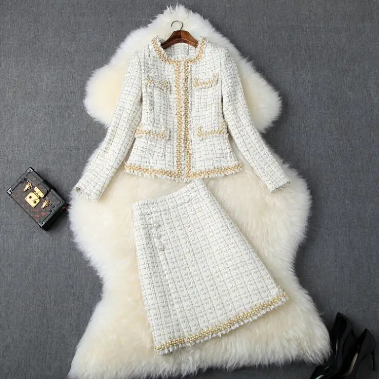 

EFATZP Top Brand Fashion Runway Skirt 2Piece Set Women 2019 Winter Luxury Pearls Beading Tweed Woolen Jacket and Skirt Suit Set
