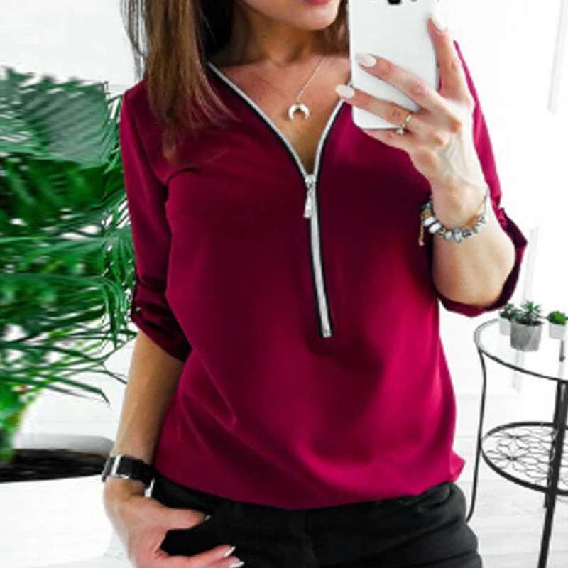 Ladies S-5XL Casual 3/4 Sleeve Tunic Tee Plus Size Elegant Beauty T Shirt Summer Women Solid V-neck Zipper Tops Multicolor