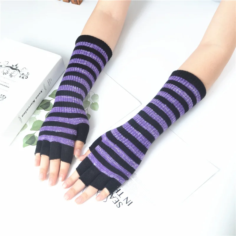 Black White Stripes Long Gloves Women Fashion Winter Long Design Stripes Mittens& Gloves Female Warm Stripes Fingerless Gloves