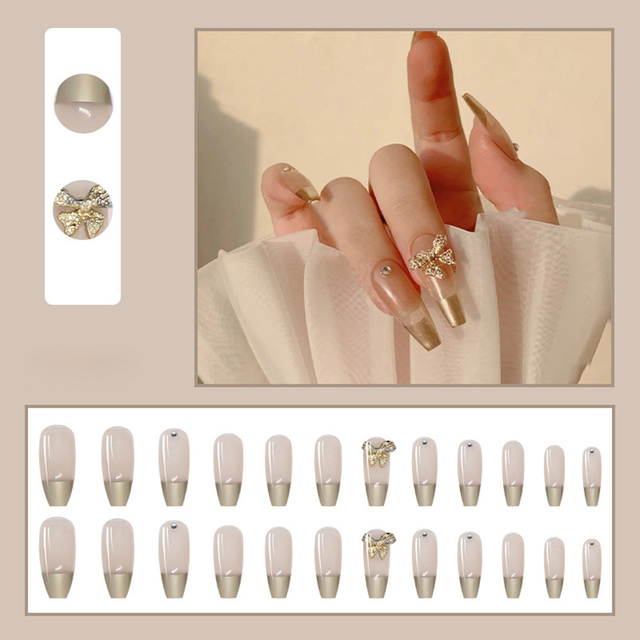 Detachable False Nails with Bow Designs Long Coffin Fake Nails French Gold Edge Ballerina Full Cover Nail Art Tips