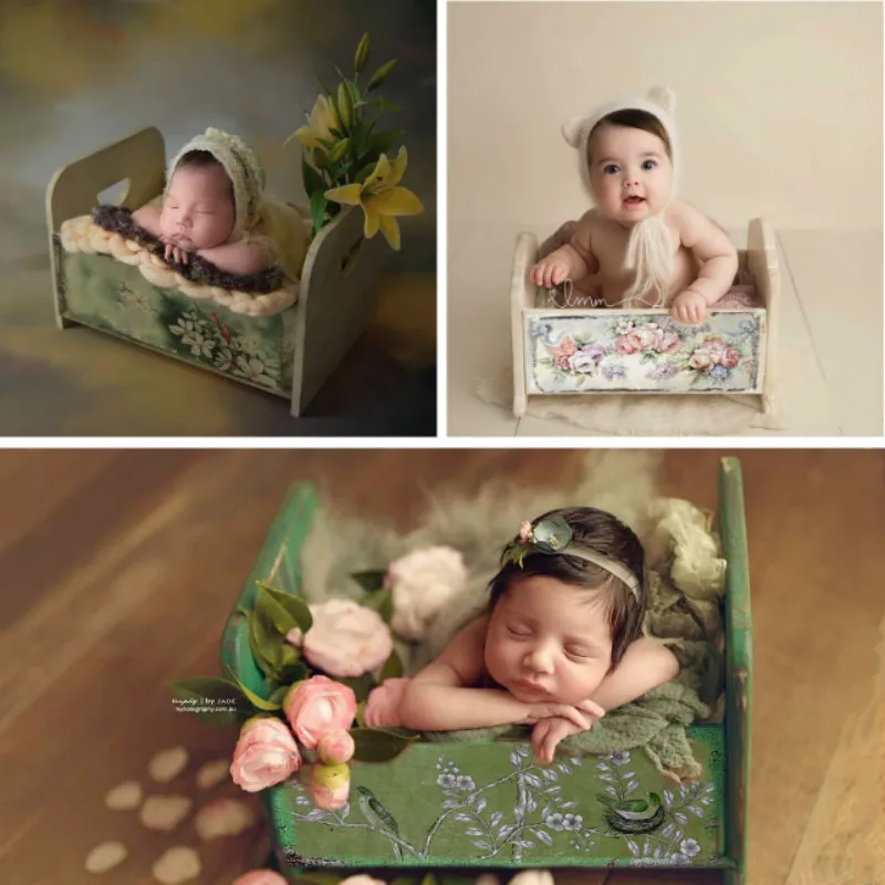 Baby Photography Props Retro Mini Bed Printed Flowers Bed Infant Shoot Accessory Newborn Posing Container Baby Cribs Many Colors