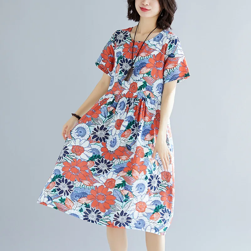 

Women's Spring And Summer New Style 2019 Korean-style Loose And Plus-sized WOMEN'S Dress Fashion Comfortable Cotton Linen Floral