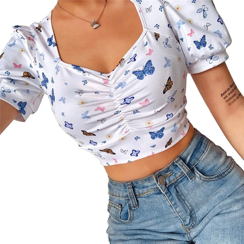 

2020 Women Summer Fashion Multi-color Crop Top Leotard Butterfly Printed Puff Sleeve V-Neck Short Tops