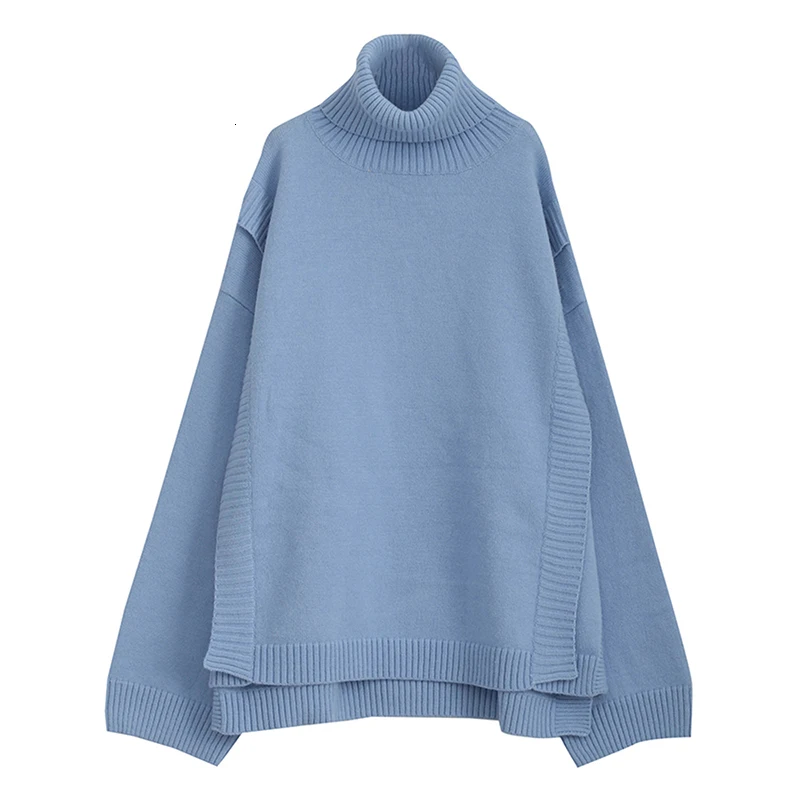 TWOTWINSYLE лоскутное нерегулярное Вязание женские Свитера Водолазка с длинным рукавом свободный свитер для женщин модная одежда - Цвет: blue