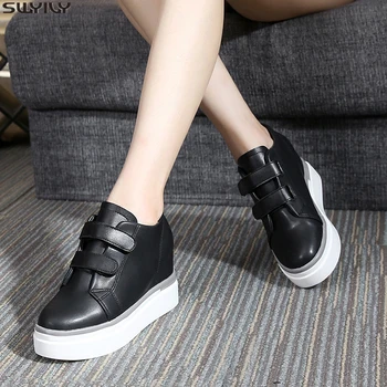 

SWYIVY Platform Sneakers Women Casual Shoes Slip Leather Spring 2020 Shoes Height Increased Black Sneakers For Women Hook Loop