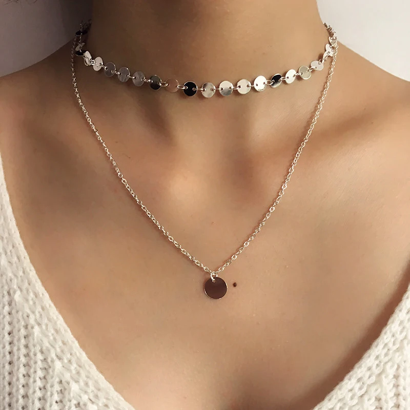 layer necklace gold Многослойное геометрическое регулируемое многослойное ожерелье с бусинами, цепочка в форме полумесяца, подвеска в виде лотоса, металлическое колье с блестками, Женские Ювелирные изделия - Окраска металла: layer necklace gold