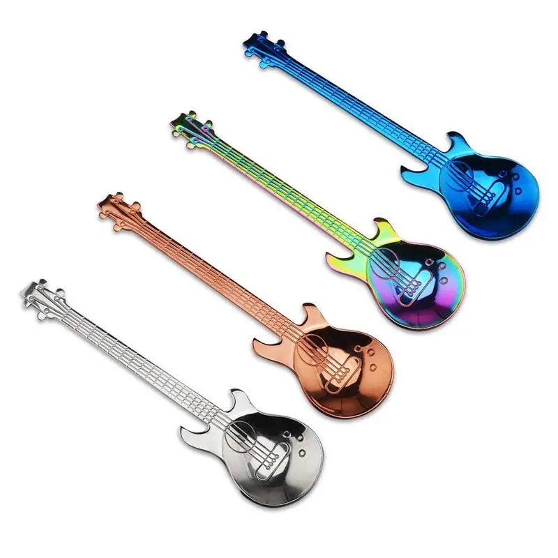 

ABUI-Set of 4 Guitar Shaped Stainless Steel Coffee Spoon Demitasse Spoons Dessert Spoons Sugar Spoon Kitchen Cute Utensil