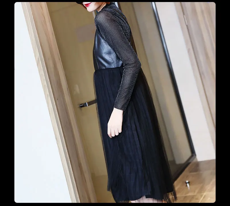 Novmoop high street autumn winter women black mesh gauze spliced sheepskin genuine leather dress vestidos robe femme LT2889