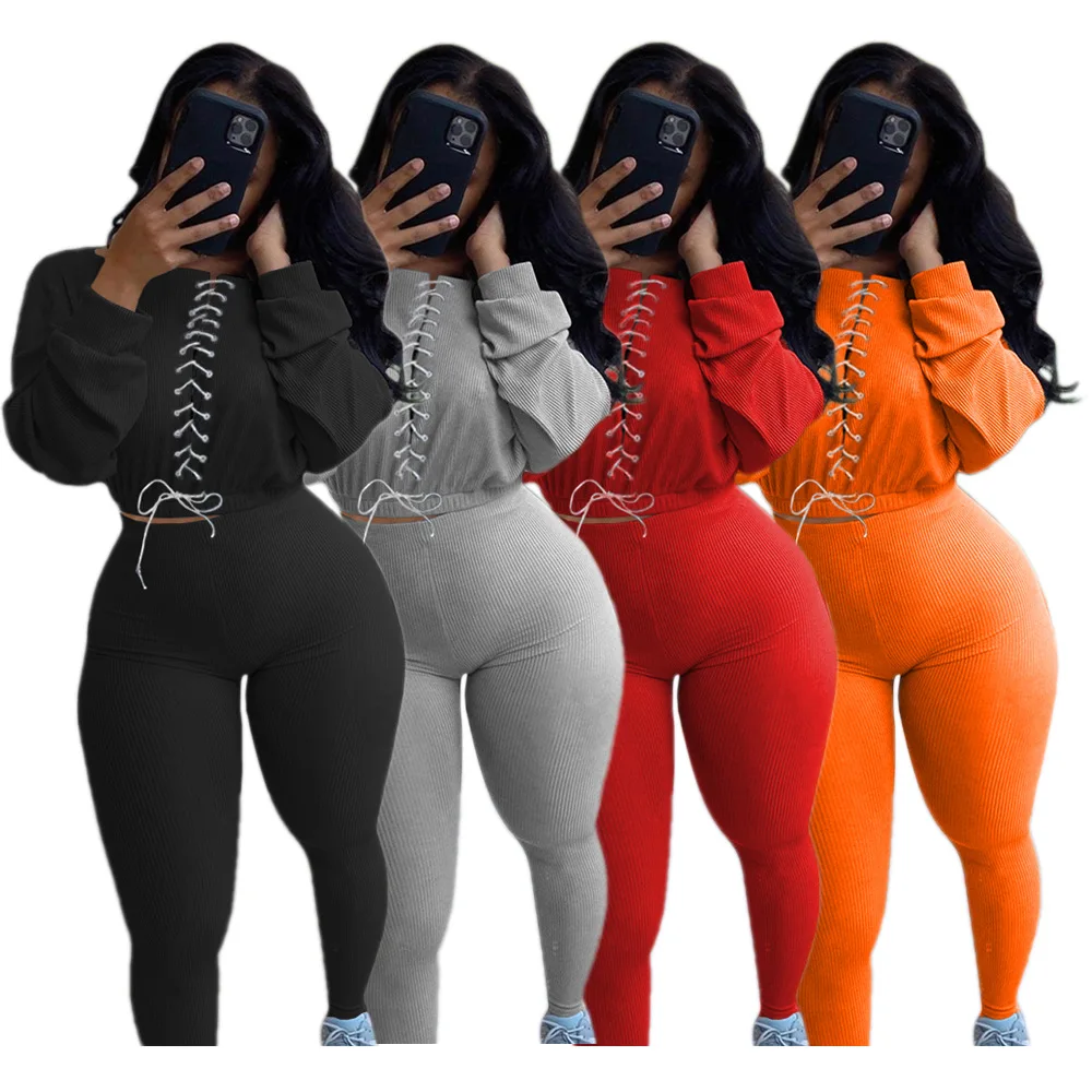 

Grommet Tie Two Piece Set Autumn Women Solid Long Sleeve Crop Top Bodycon Pants Tracksuit Casual Outdoor Streetshirt Set Outwear