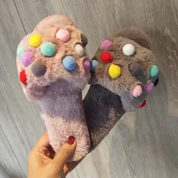 

F Women'S Warm Plush Slipper Female Cute Candy Colored Ball Fashion Design Slippers Furry Fur Hairball Lady Shoes White Rainbow
