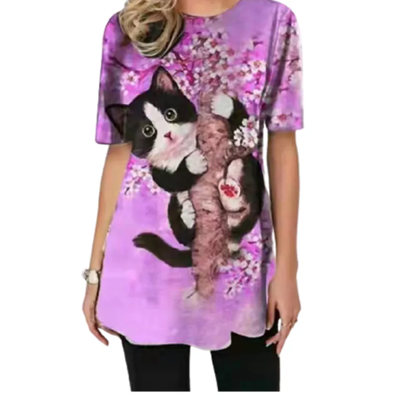 H051ebe73520b43588e25dfda0a6a0750G - Fashion Trendy Ladies 3D Cartoon Cat Print T Shirt Women