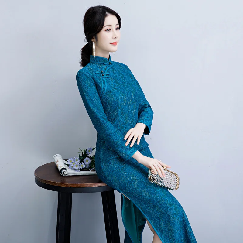 Китайское элегантное вечернее платье тонкий длинный Qipao ручной работы Кнопка Qipao Плюс размер M-4XL сексуальные кружева Чонсам с высоким разрезом